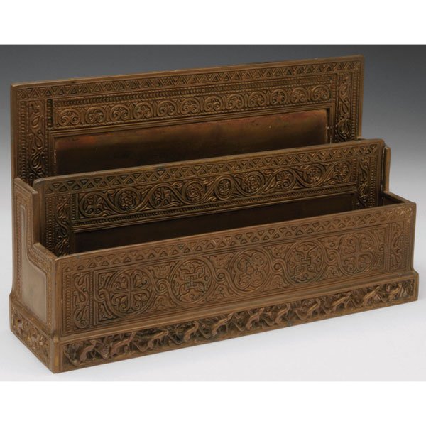 Tiffany Studios letter rack, bronze in the Venetia: Unusual Tiffany Studios letter rack, bronze in the Venetian pattern, original gold dore patina, signed Tiffany Studios, New York, #1644, 10"w x 6.25"h