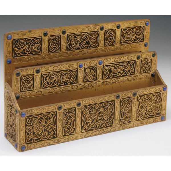 Tiffany Studios letter rack, bronze in the Ninth C: Rare Tiffany Studios letter rack, bronze in the Ninth Century pattern, applied blue and green jewels, original gold dore patina, signed Tiffany Studios, New York, #1625, 9.75"w x 6"h, two jewels missi