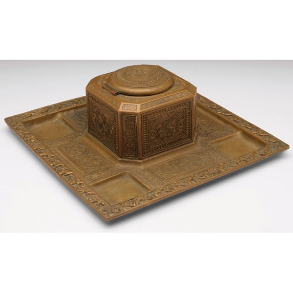 Tiffany Studios inkwell for double desk: Rare Tiffany Studios inkwell for double desk, bronze in the Venetian pattern, original gold dore patina, signed Tiffany Studios, New York, #1669, 9.5"w x 3.5"h