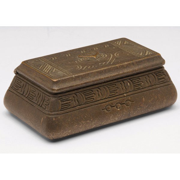 Tiffany Studios stamp box, bronze in the American : Tiffany Studios stamp box, bronze in the American Indian pattern, original patina, signed Tiffany Studios, New York, #1184, 5"w x 2"h