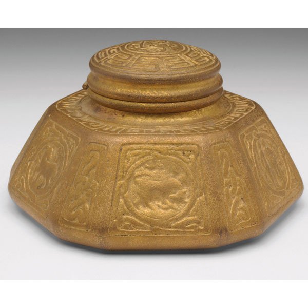 Tiffany Studios inkwell, bronze in the Zodiac: Nice Tiffany Studios inkwell, bronze in the Zodiac pattern, original gold dore patina, signed Tiffany Studios, New York, #1072, 6.5"w x 3.5"