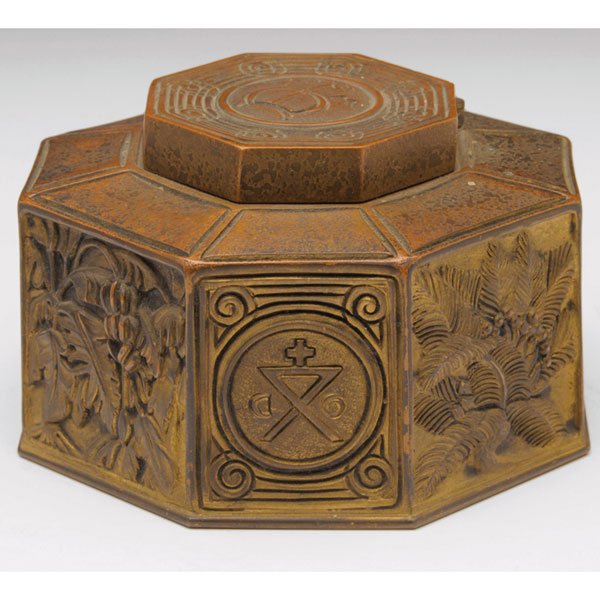 Tiffany Studios inkwell, octagonal shape, bronze i: Rare Tiffany Studios inkwell, octagonal shape, bronze in the Bookmark pattern, discolored original gold dore patina, signed Tiffany Studios, New York, #864, 4"w x 2.75"h