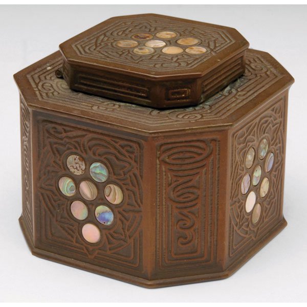 Tiffany Studios inkwell, octagonal shape, bronze i: Good Tiffany Studios inkwell, octagonal shape, bronze in the Abalone pattern, original patina, signed Tiffany Studios, New York, #1157, 3.75"w x 3"h