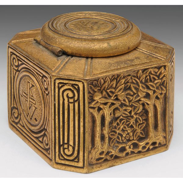 Tiffany Studios inkwell, octagonal shape, bronze i: Rare Tiffany Studios inkwell, octagonal shape, bronze in the Bookmark pattern, original gold dore patina, signed Tiffany Studios, New York, #1094, 3"w x 2.5"h