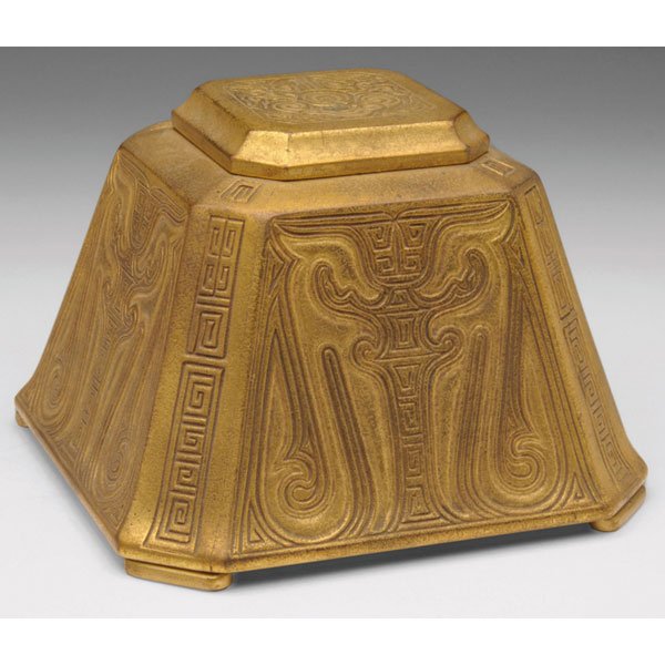 Tiffany Studios inkwell, long octagonal shape, bro: Tiffany Studios inkwell, long octagonal shape, bronze in the Chinese pattern, original gold dore patina, signed Tiffany Studios, New York, #1753, 6.5"w x 4.5"h