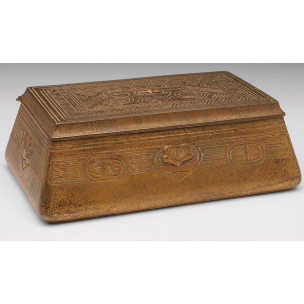 Tiffany Studios box, bronze in the American Indian: Rare Tiffany Studios box, bronze in the American Indian pattern original gold dore patina, wooden liner, signed Tiffany Studios, New York, #1196, 8"w x 2.75"h