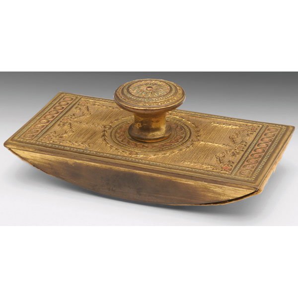 Tiffany Studios rocker blotter: Tiffany Studios rocker blotter, bronze in the Adam pattern, original gold dore patina with red enameled accents, signed Tiffany Studios, New York, #1784, 5.5"w x 2"h
