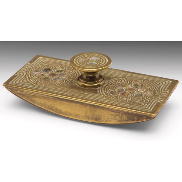 Tiffany Studios rocker blotter: Tiffany Studios rocker blotter, bronze in the Abalone pattern, original gold dore patina, signed Tiffany Studios, New York, #1164, 5.75"w x 1.75"h