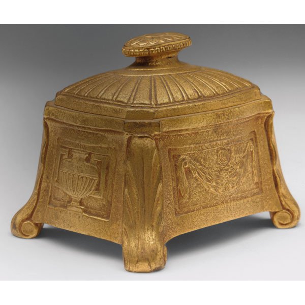 Tiffany Studios inkwell, bronze in the Louis XVI: Unusual Tiffany Studios inkwell, bronze in the Louis XVI pattern, original gold dore patina, signed Tiffany Studios, New York, #1825, 4"w x 3"h
