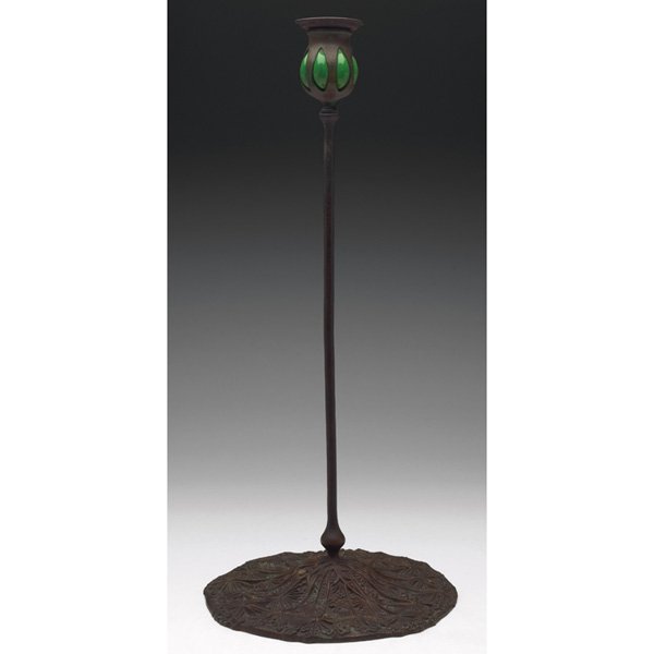 Tiffany Studios candlestick, bronze with a Queen A: Exceptional Tiffany Studios candlestick, bronze with a Queen Anne's Lace pattern and blown green glass at top, signed Tiffany Studios, New York, #D881, original patina, 8"w x 18"h