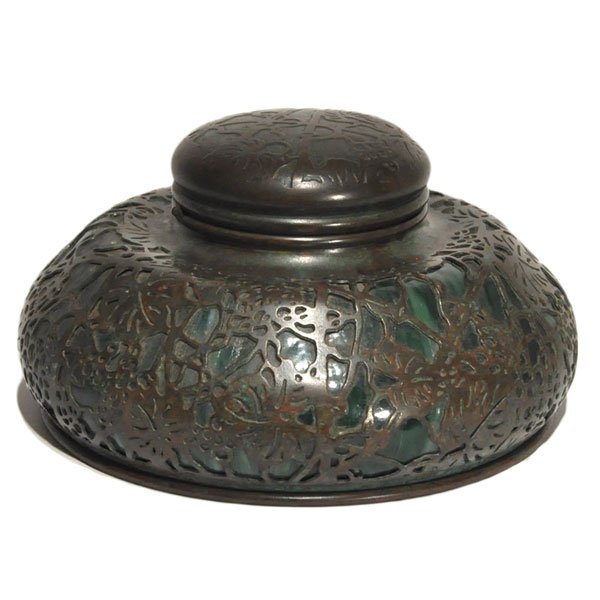 Tiffany Studios inkwell, large form, bronze in th: Good Tiffany Studios inkwell, large form, bronze in the Grape pattern over green glass, original patina, signed Tiffany Studios, New York, #16, 7"w x 4"h