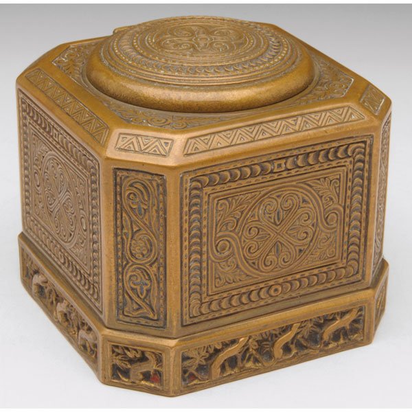 Tiffany Studios inkwell, large form, bronze in the: Rare Tiffany Studios inkwell, large form, bronze in the Venetian pattern, original patina, signed Tiffany Studios, New York, #1867, 4.25"w x 3.75"h