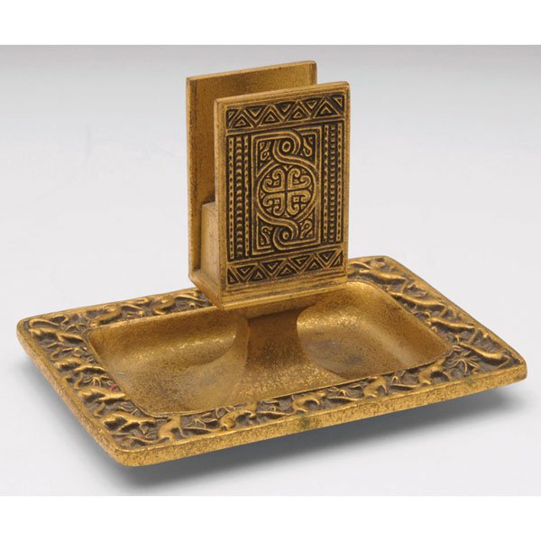 Tiffany Studios match stand: Tiffany Studios match stand, bronze in the Venetian pattern, original gold dore patina, signed Tiffany Studios, New York, #1684, 5"w x 4"h