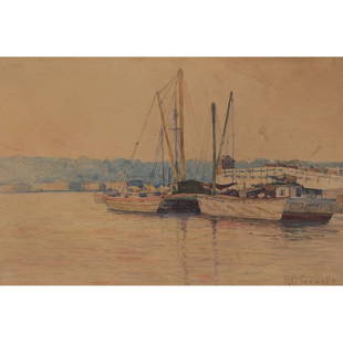 Richard Buckner Gruelle: Richard Buckner Gruelle (American, 1851-1914) "Harbor Scene," c. 1890, watercolor, 9.25" x 13.5", signed lower right, unframed