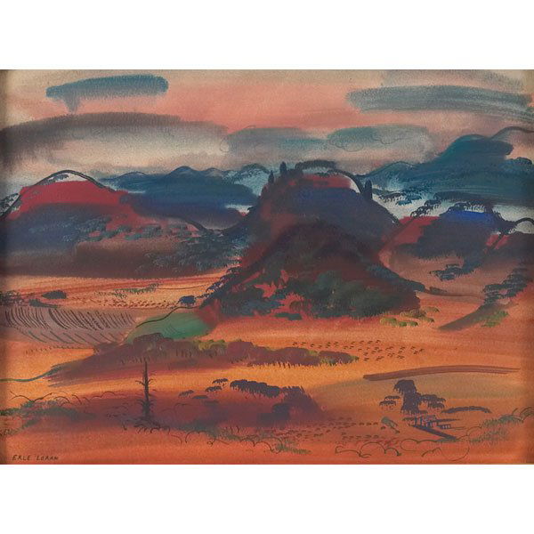 Erle Loran: Erle Loran (American, 1905-1999) "California Landscape," c. 1945, mixed media on paper, 15" x 20", signed lower left, estate stamped on verso, framed