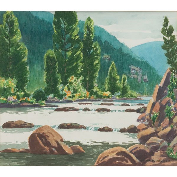 Oscar B. Erickson: Oscar B. Erickson (American, 1883-1968) "Thompson Canyon," c. 1940, watercolor, 13.25" x 15", signed lower right, titled on verso, framed
