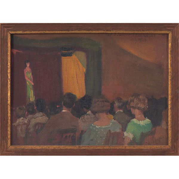 Corwin Knapp Linson: Corwin Knapp Linson (American, 1864-1934) "At a Summer Chatauqua," 1929, oil on canvas board, 6.75" x 9.5", signed lower right, titled and dated upper right, from the collection of Clyde Singer, frame