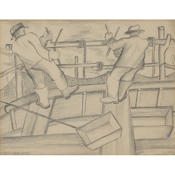 Leon Garland: Leon Garland (American, 1896-1941) "Fisherman," c. 1940, graphite on paper, 7" x 9.25", signed lower left, framed