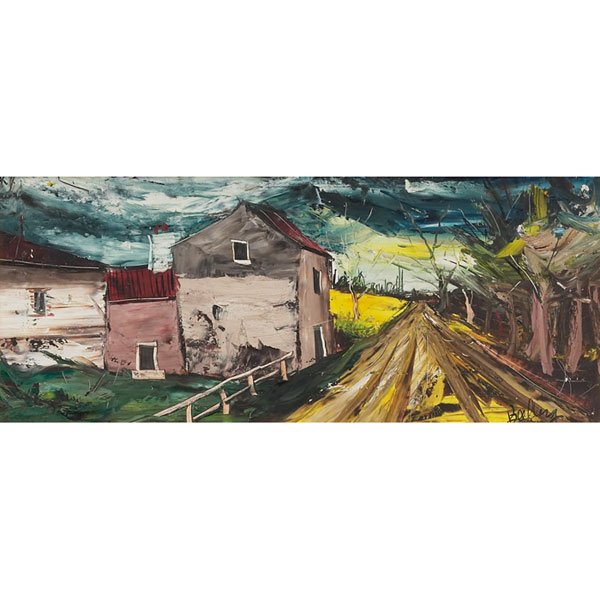 Jerome Balleroy: Jerome Balleroy (French, b. 1915) "Country Road," c. 1960, oil on board, 11" x 25", signed lower right, framed
