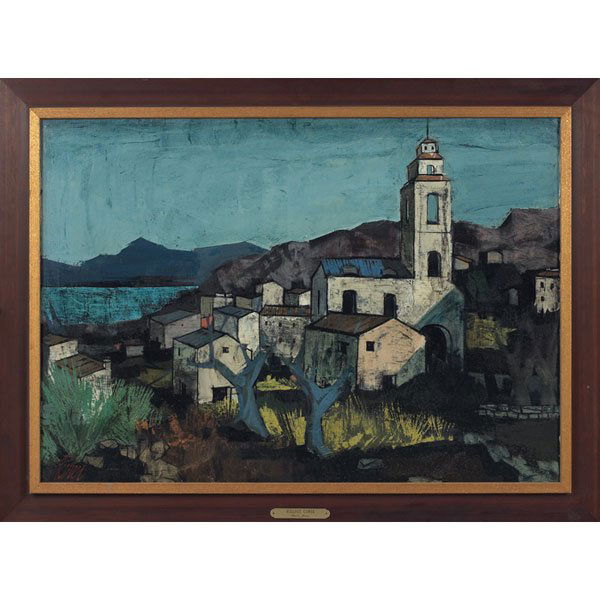 Charles Levier: Charles Levier (French, 1920-2003) "Village Corse," c. 1960, oil on canvas, 28.25" x 39.75", signed lower left, signed and titled on verso, framed