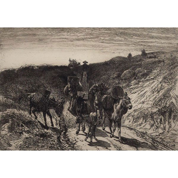 Peter Moran: Peter Moran (American, 1841-1914) "Harvest at San Juan," 1883, "Burro Train, New Mexico," 1880, two etchings, larger: 6" x 12.25", one signed, one initialed in plate, unframed