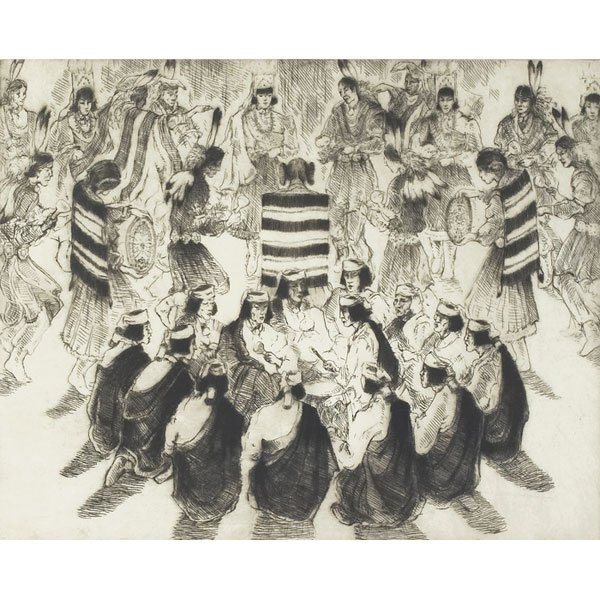 Gene Kloss: Gene Kloss (American, 1903-1996) "Domingo Basket Dance," 1973, etching/drypoint, 12" x 15", pencil signed, titled and numbered AP, aside from the edition of 50, framed