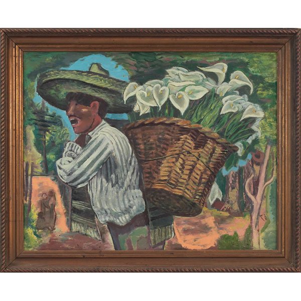 Paul Kauvar Smith: Paul Kauvar Smith (American, 1893-1978) "Vendor," c. 1940, oil on board, 22" x 28", signed and titled on verso, framed