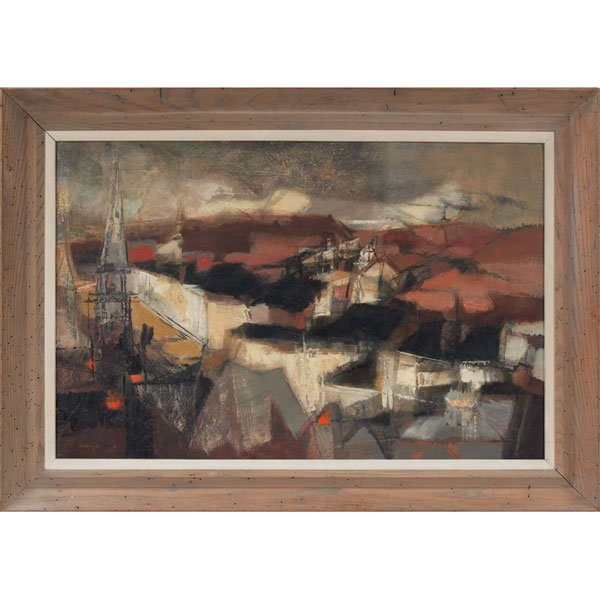Suzanne Schweig Langsdorf Martyl: Suzanne Schweig Langsdorf Martyl (American, b. 1918) "Abstract Landscape," 1958, oil on masonite, 22.25" x 34.5", signed and dated lower left, dated and monogrammed on verso, framed