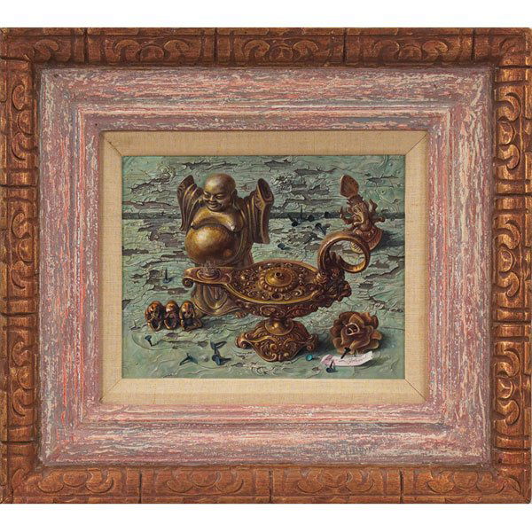 Aaron Bohrod: Aaron Bohrod (American, 1907-1992) "Brass and Tacks," c. 1960, oil on board, 9.5" x 11.5", signed lower right, Oehlschlaeger Gallery label on verso, framed