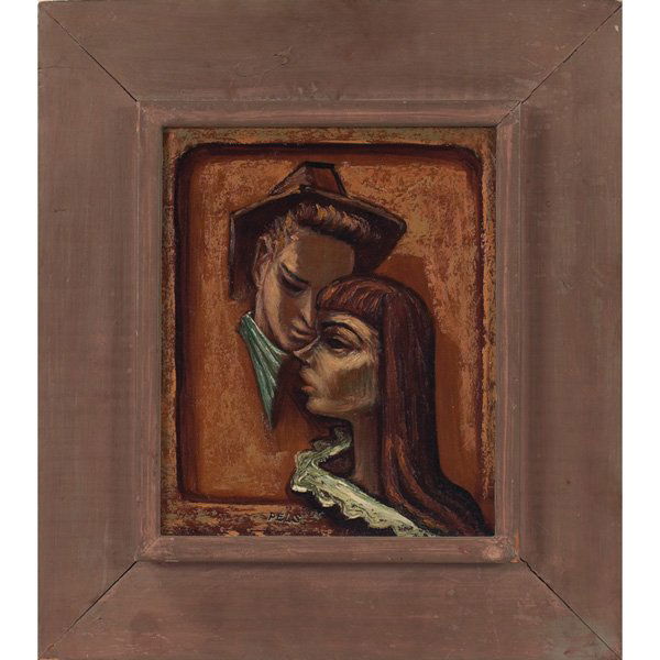Albert Pels: Albert Pels (American, 1910-1998) "Lovers," 1948, oil on masonite, 12" x 10", signed lower center, dated on verso, framed