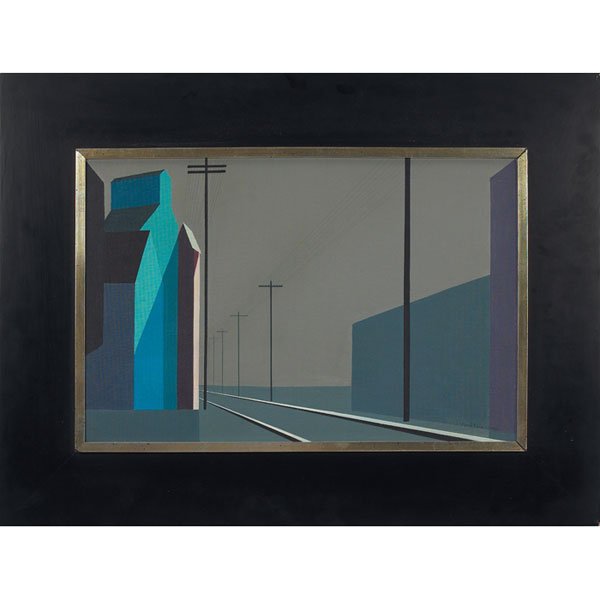 Eyvind Earle: Eyvind Earle (American, b. 1916) "Tracks and Silo," 1966, oil on canvas board, 15.5" x 23.25", signed and dated lower right, framed