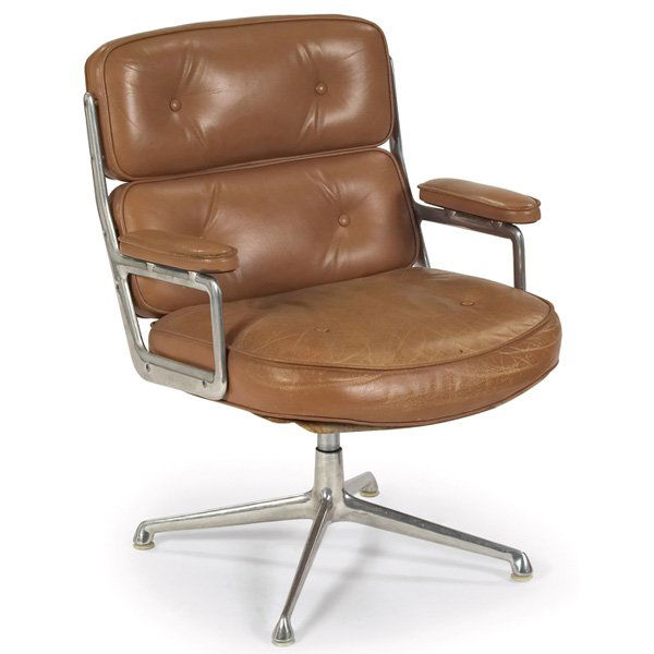 Charles and Ray Eames Time-Life chair: Charles and Ray Eames Time-Life chair, by Herman Miller, 1960s, original tufted tan leather seat, back and padded armrests in a polished aluminum frame over four-point swivel base, round metal tag, 27