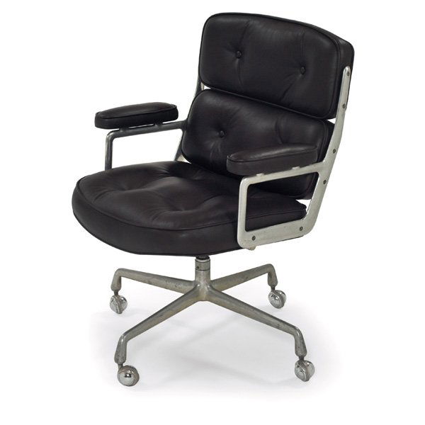 Charles & Ray Eames Time-Life chair black leather: Charles and Ray Eames Time-Life chair, by Herman Miller, 1960s, very dark brown leather seat, back and padded armrests in a polished aluminum frame over four-point tilt/swivel base with castors, signe