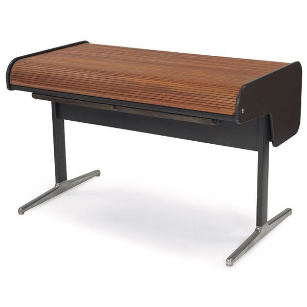 George Nelson Action Office roll-top desk: George Nelson Action Office roll-top desk, by Herman Miller, walnut roll-top over a laminate writing surface, chromed steel base, 2 molded plastic pencil drawers, original finish, 54"w x 30"d x 34.5"h