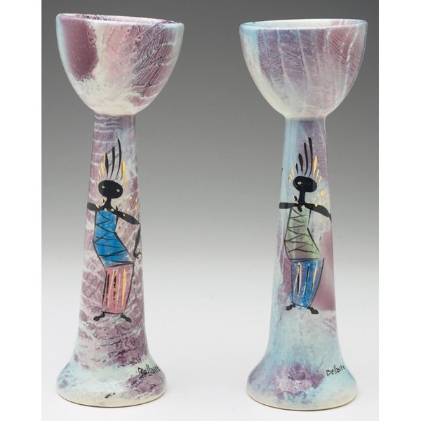 Marc Bellaire Balinese candlesticks: Marc Bellaire Balinese candlesticks, pair, colorfully painted figures against a mottled purple background, signed, 3"w x 9"h