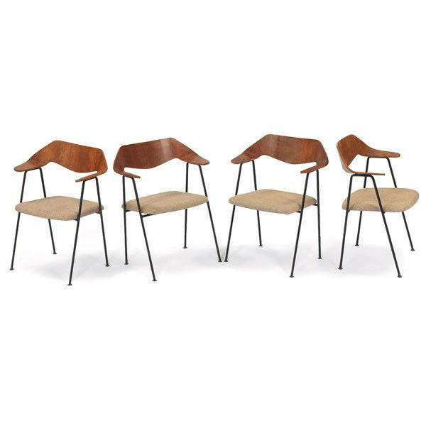 Robin Day armchairs: Robin Day armchairs, four, by Hille, Great Britain, c.1952, single-piece molded walnut plywood backrests, black enameled metal frames, signed with Hille of London tag, upholstered seats, refinished, 2