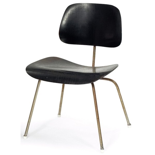 Charles and Ray Eames DCM dining chair,: Charles and Ray Eames DCM dining chair, by Herman Miller, 1950s, ebonized molded ash plywood seat and back on metal frame, original feet missing, original finish, all original shock mounts, 19.5"w x 2