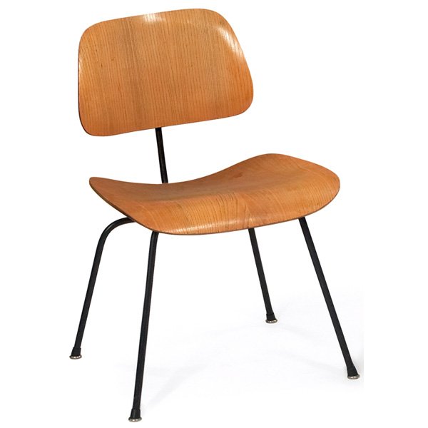 Charles and Ray Eames DCM dining chair,: Charles and Ray Eames DCM dining chair, by Herman Miller, 1950s, molded ash plywood seat and back on black metal frame, rubber boot glides, all original shock mounts, original finish, stamped DCW, 19.