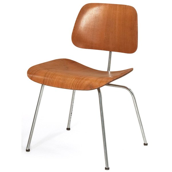 Charles and Ray Eames DCM dining chair,: Charles and Ray Eames DCM dining chair, by Herman Miller, 1950s, molded ash plywood seat and back on metal frame, early glides, original finish, all original shock mounts, 19.5"w x 20.5"d x 29.5"h, sm