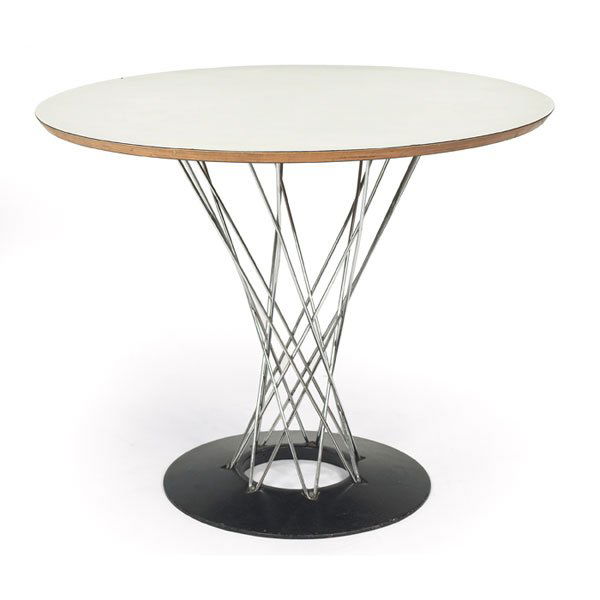 Isamu Noguchi dining table: Isamu Noguchi dining table, by Knoll, round top with original white plastic laminate over plywood, attached to black cast-iron base by chromed wire struts, 36"dia x 28.5"h, chip to edge of top, good c