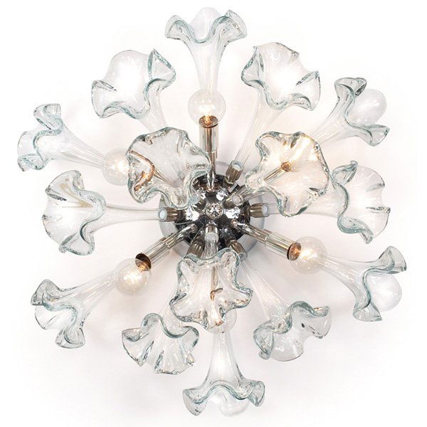 1960s sconce hand-blown glass florets: 1960s sconce, 15 hand-blown glass florets around a chrome center, 6 bulbs, signed with EMF Lighting label, 23"dia, mint condition