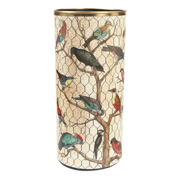 Fornasetti umbrella stand "Uccelli" (birds) signed: Fornasetti umbrella stand, "Uccelli" (birds), signed "Fornasetti Milano Made in Italy" on surface and on base, 10.25"dia x 22.5"h, very good original condition