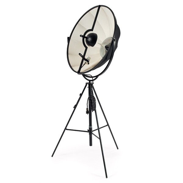Mario Fortuny floor lamp Palluco: Mario Fortuny floor lamp, 1970s, by Palluco, adjustable black and off-white fabric shade with chrome reflector on an adjustable black tripod base, 18"dia x 79"h, good working order, two small tears, v