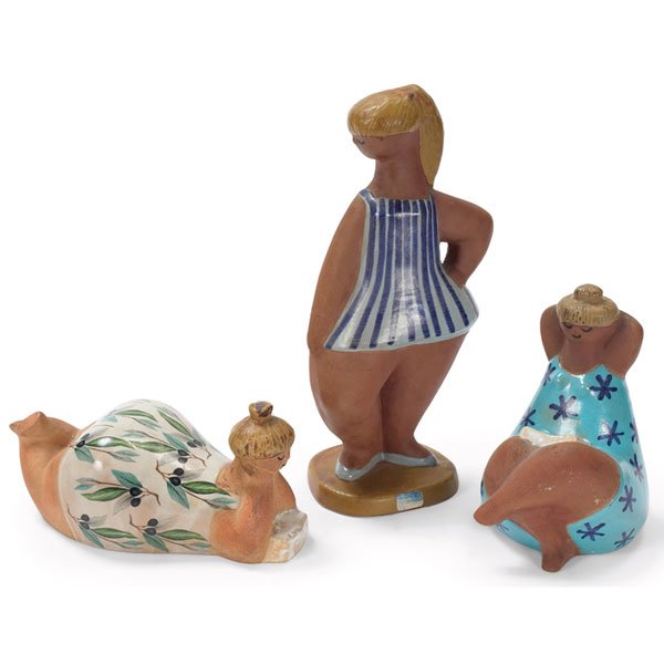 Lisa Larson figures, 3, Gustavsberg, Sweden, 1958: Lisa Larson figures, three, for Gustavsberg, Sweden, 1958 Collection, "Beata", "Dora" and "Charlotta", stoneware forms with glazed dresses, each signed, tallest is 11"h, mint condition