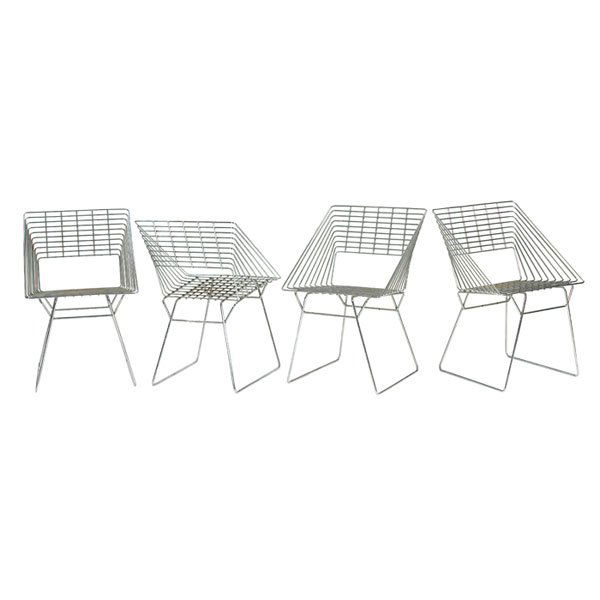 Fritz Hansen wire chairs, attributed to Panton: Fritz Hansen wire chairs, attributed to Verner Panton, chromed wire forms with open backs, Fritz Hansen label to two, 20.5"w x 18"d x 31"h, very good condition