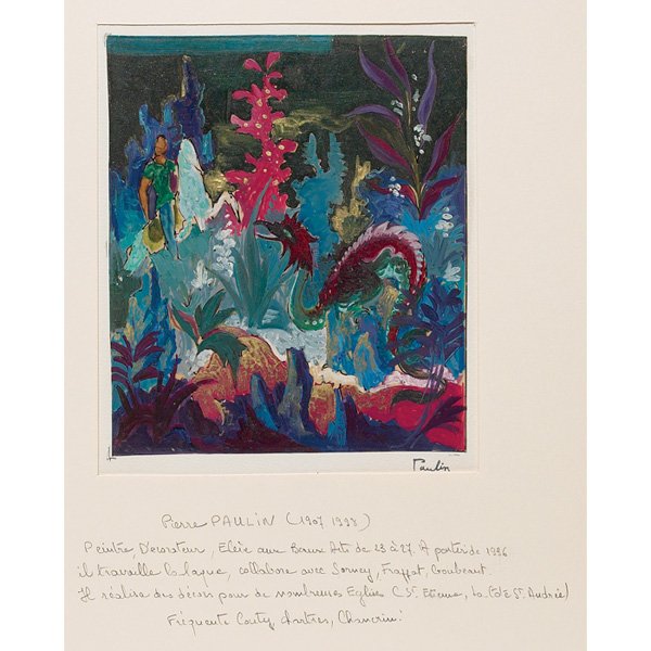Pierre Paulin painting: Pierre Paulin painting, colorful scene, biographical information in French, matted, signed, 6.5" x 5.5"