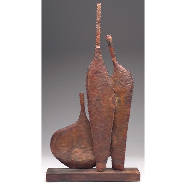 Marcello Fantoni sculpture: Marcello Fantoni sculpture, Italy, hammered copper shapes, marked "Fantoni Firenze, Raymor," original patina, mounted on a wooden base, 13"w x 24"h