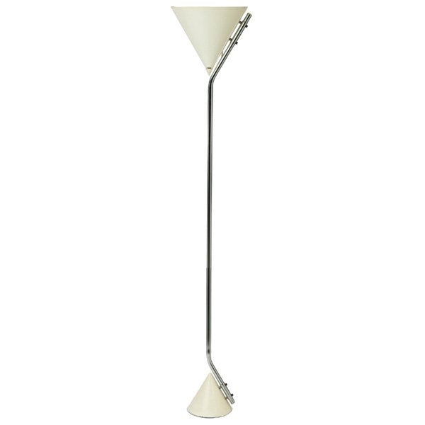 Robert Sonneman floor lamp cone shade and base: Robert Sonneman floor lamp, white lacquered cone torchere and weighted cone base, chromed steel standard, original finish, 12"dia x 65"h, very good condition