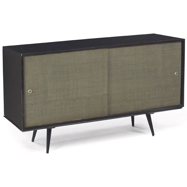 Paul McCobb Planner Group cabinet: Paul McCobb Planner Group cabinet, by Winchendon, with hutch (not shown), black stained maple cabinet with two doors with aluminum pulls, hutch with sliding glass doors and two shelves, Planner Group