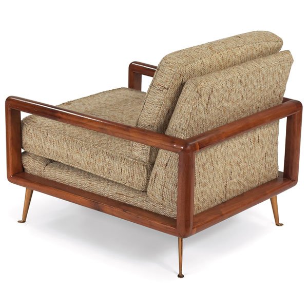 T.H. Robsjohn-Gibbings style lounge chair: T.H. Robsjohn-Gibbings style lounge chair, rounded mahogany frame which is exposed on all sides, brass legs with integrated footpads, reupholstered in neutral fabric, 28.25"w x 33"d x 30"h, recoated f